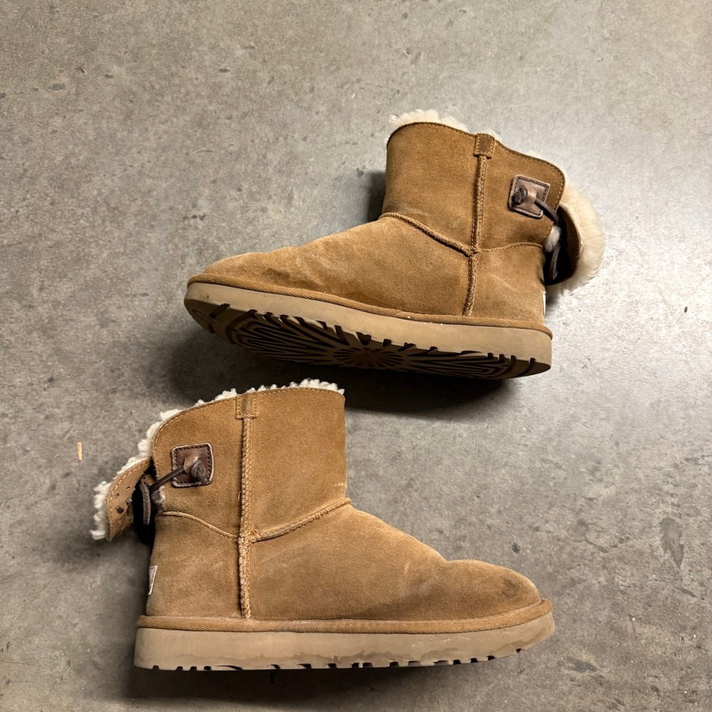 UGG Mini Bailey Button II Chestnut Suede Sheepskin Ankle Boots F27018G Womens